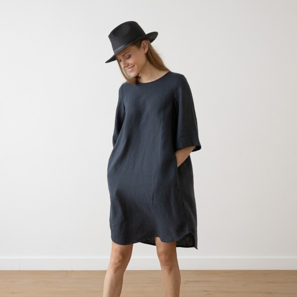 Etsy Ink Blue 100% Linen Short Sleeve Crew Neck Dress M